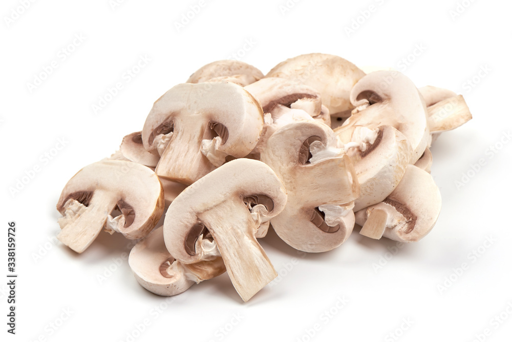 Sliced Champignon mushrooms, isolated on white background Sliced Champignon mushrooms, isolated on white background