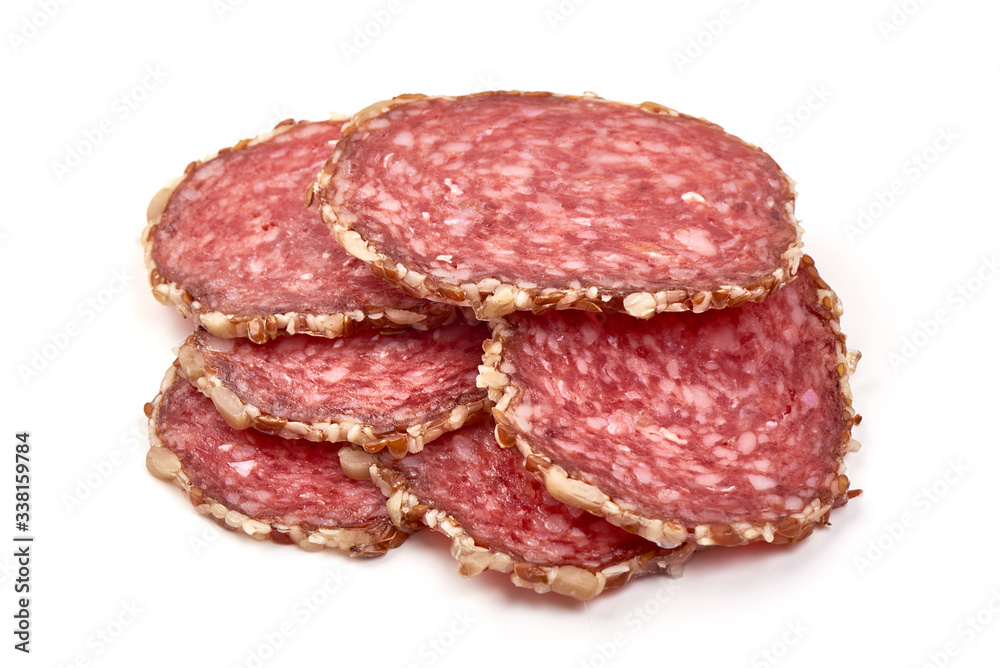 Smoked salami sausage, isolated on white background