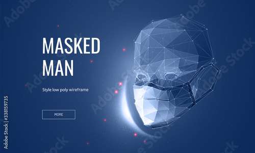 Human in medical protection mask. Low poly wireframe style. Respiratory disease prevention concept.. Polygonal abstract isolated on blue background. Vector illustration
