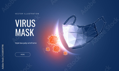 Protective face mask. Low poly wireframe style. Protection against viruses, bacteria, smog. Symbol of protection against the flu. Polygonal abstract isolated on blue background. Vector