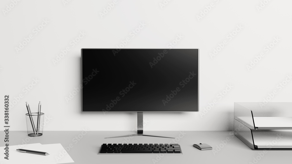 Desktop with a computer screen, keyboard, mouse, papers and pens Desktop with a computer screen, keyboard, mouse, papers and pens