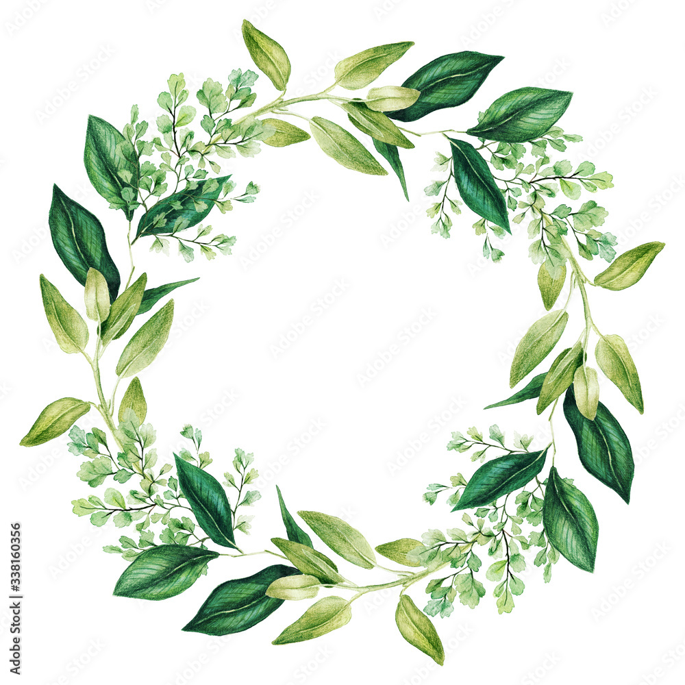 Green watercolor leaves and branches wreath, hand drawn