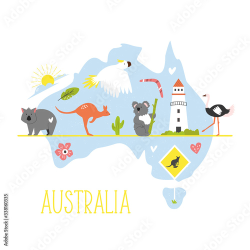 Tourist poster with symbols, animals of Australia
