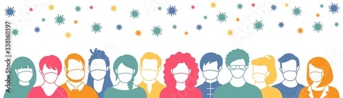 Group of people in protective masks and flying coronavirus in flat style. Men and women wearing medical masks to prevent disease, flu, quarantine concept.