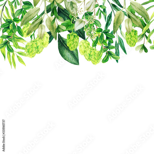 Watercolor leaves  greenery header  seamless border with ferns