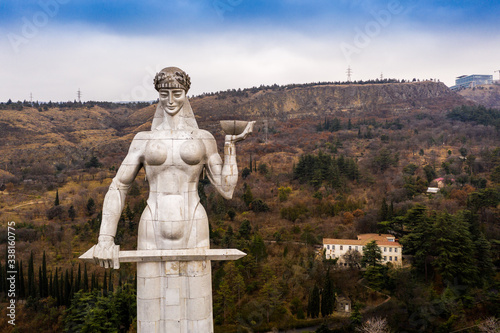 Aerial view of statue of Mother of Georgia  Kartlis Deda  overlooking Tbilisi City from Sololaki Hill.