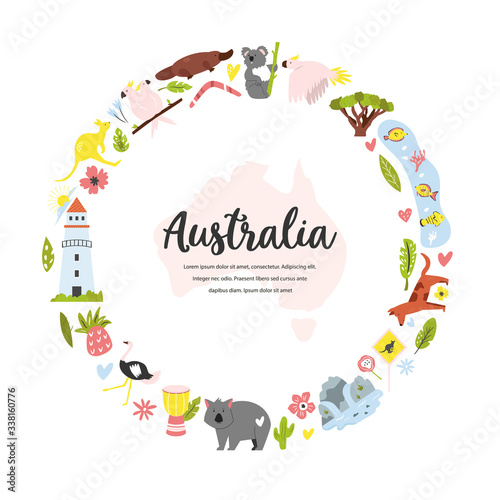 Tourist poster with symbols, animals of Australia