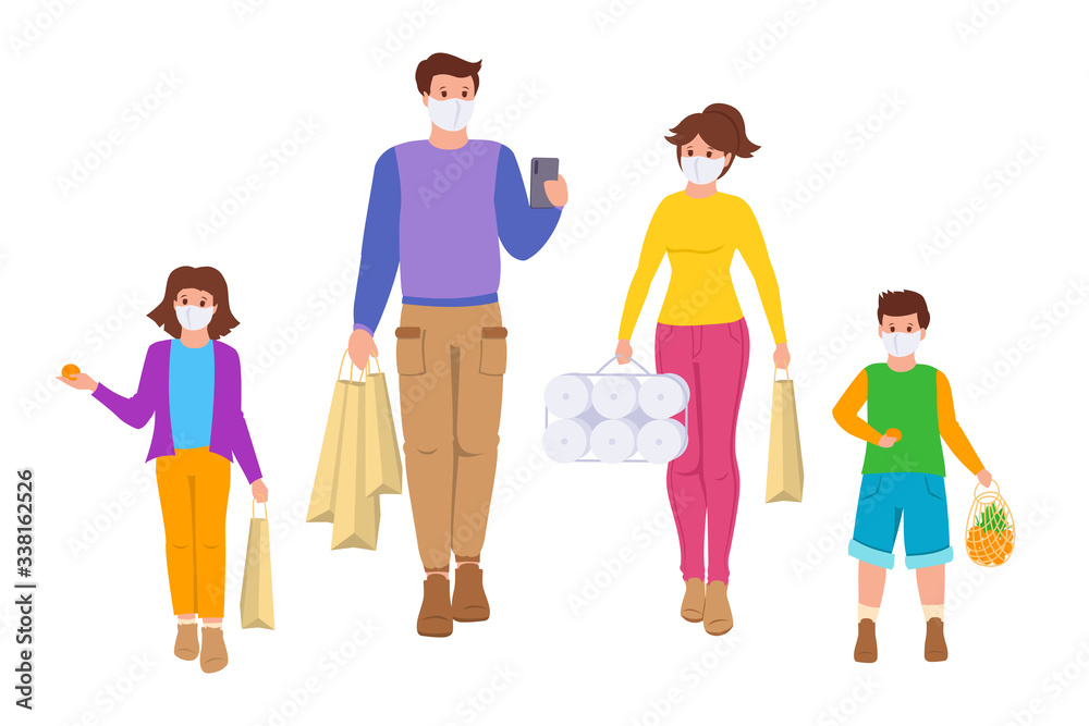 Coronavirus Covid 19, Family goes shopping isolation period. Grocery bags. Group young people, children medical face mask quarantine, protected from virus, stop pandemic. Vector illustration isolated Coronavirus Covid 19, Family goes shopping isolation period. Grocery bags. Group young people, children medical face mask quarantine, protected from virus, stop pandemic. Vector illustration isolated