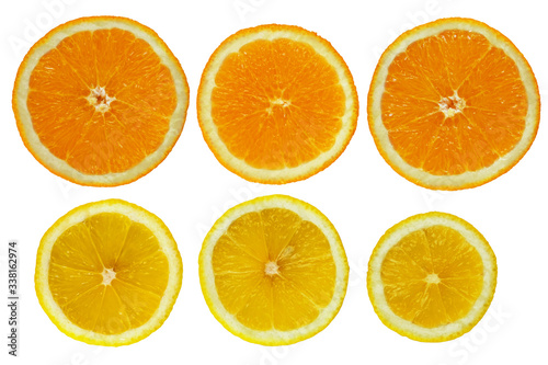 Orange and lemon slices on white background