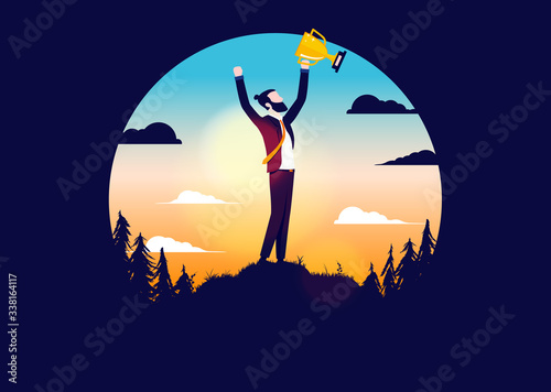 Success on top - Hipster business man on a hilltop holding a trophy in raised hands. Winner, happiness and reaching goals concept. Vector illustration.
