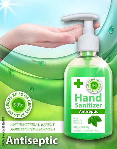 Hand Sanitizer gel ads. Antiseptic hand gel in bottles with dispenser. Vertical banner, antibacterial effect, best protection against viruses. Vector