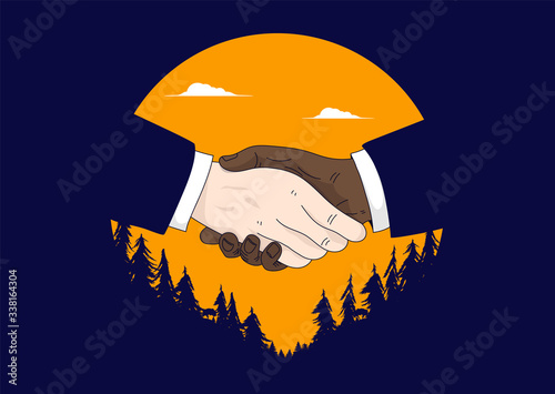 Diversity handshake - People of different colour shaking hands with sky and forest in background. Multiracial teamwork, agreement, cooperation and success concept. Vector illustration