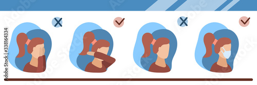 Protect yourself from coronavirus infection, COVID-19, 2019-ncov. Rules for protecting yourself and others from pneumonia. Methods of protection, coughing properly. Vector flat cartoon illustration.