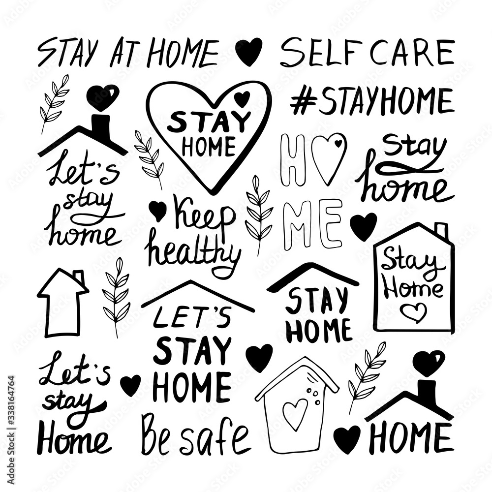 Cute vector hand drawn lettering set about coronavirus, Covid-19, Stay Home, work in home. Pandemic protection. Quarantine positive doodle icons, home elements. Isolated on white background. Cute vector hand drawn lettering set about coronavirus, Covid-19, Stay Home, work in home. Pandemic protection. Quarantine positive doodle icons, home elements. Isolated on white background.