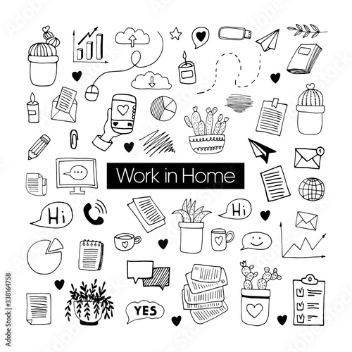 Cute vector hand drawn doodle set about coronavirus  Covid-19  Stay Home  work in home. Pandemic protection. Quarantine positive doodle icons  home elements. Isolated on white background.