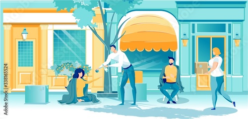 Cartoon Man Give Food to Homeless Woman on Street