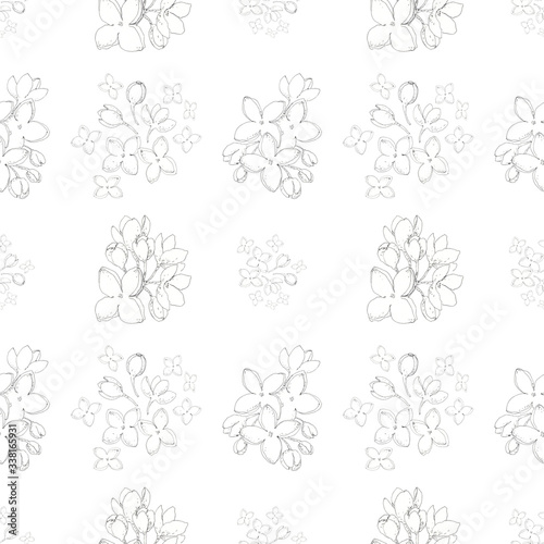 Spring lilac flowers blossom and leaves pen ink botanical symmetric seamless pattern. Black and white, monochrome floral background for wallpaper, gift wrapping paper, textile design. 