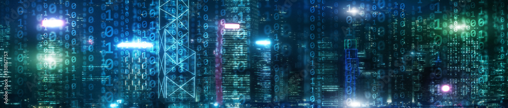 Binary computer code virtual city skyline. Matrix Mixed Media Background.