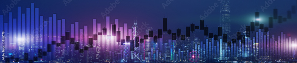 Website header and banner of Hong Kong cityscape with skyscarapers. Trading and stock markets.