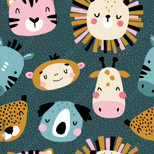 Photography Tropical characters Seamless pattern with cute animals faces