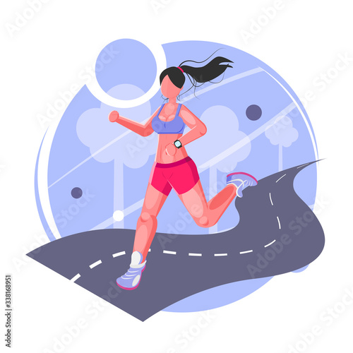 Running woman. Beautiful girl in excellent sport shape runs. Cartoon realistic illustration. Flat sportive people. Concept sports lifestyle, training. Fitness. Vector illustration in flst style