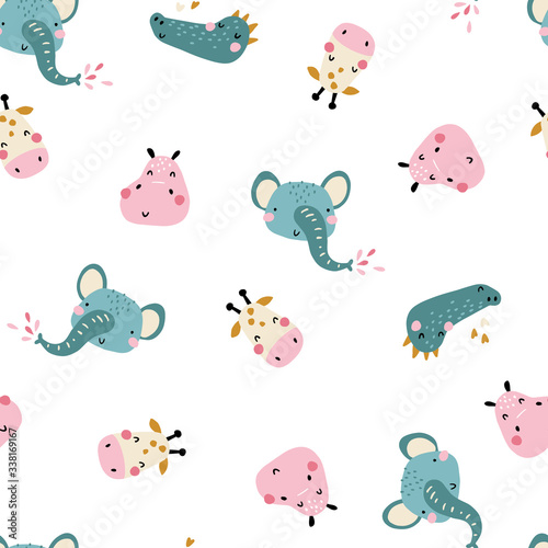 Tropical Africa. Seamless pattern with cute animals faces. Childish print for nursery in a Scandinavian style. For baby clothes, interior, packaging. Vector cartoon illustration in pastel colors.
