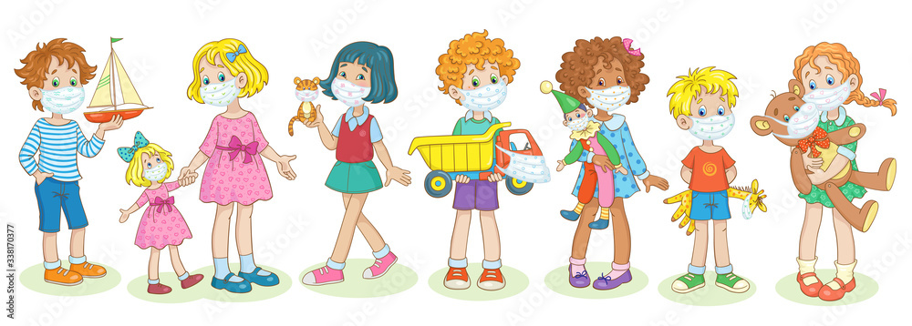 Children of different nationalities with their favorite toys in protection medical masks. Coronavirus epidemic concept. In cartoon style. Isolated on white background. Vector illustration.