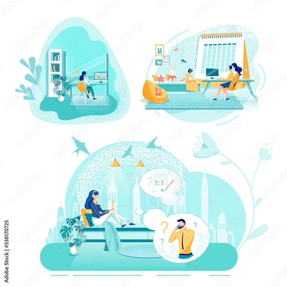 Freelance, Work at Hote Vector Illustrations Set Freelance, Work at Hote Vector Illustrations Set