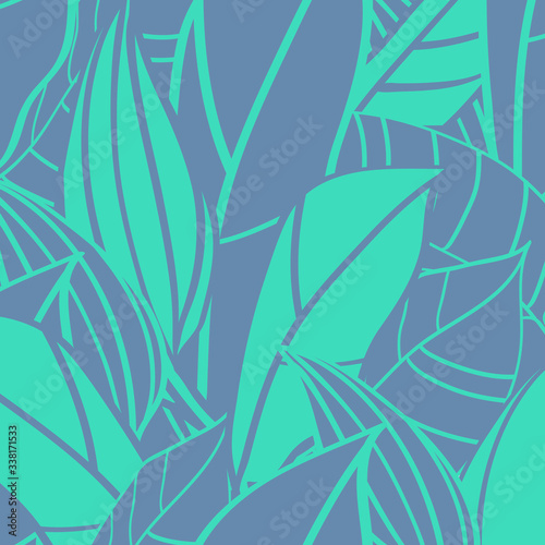 Lemon tree leaves in trendy green and faded blue colors. Hand drawn seamless pattern. Botanical design. Can be used for websites, banners, prints, cards, decorations, covers, fabrics, wrappings.