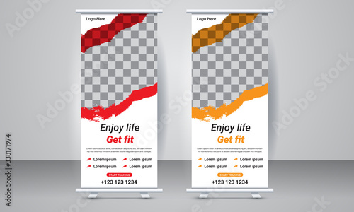 Fitness Roll Up Stand Banner Template design for social media promotion ads. Standee Design Template. Banner Template design. Gym Banner Template for web advertisement.
