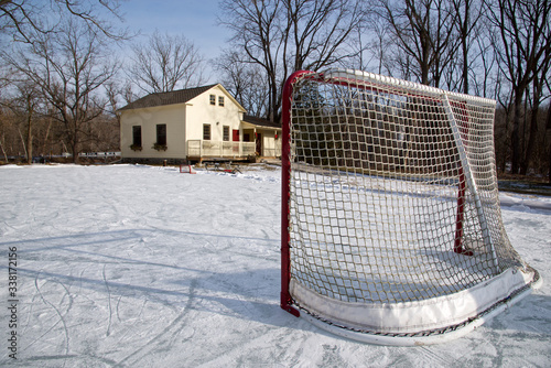 Ice hockey rink in the park in winter