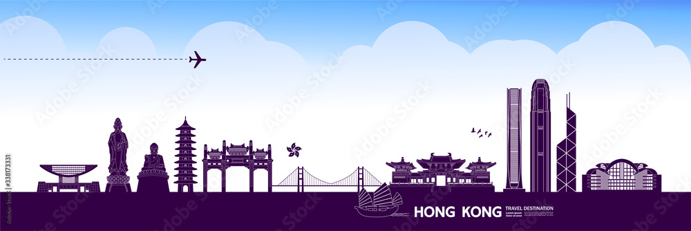 Hong Kong travel destination grand vector illustration.  - obrazy, fototapety, plakaty 