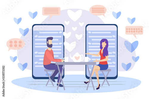 Online dating vector illustration. Flat persons concept couple relationship. Mobile application for distance communication and introduction with romantic or sexual partners. Web message chat