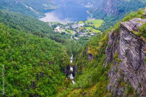 The landscape of Geiranger small village which is located at the end of the Geirangerfjord and where the Geirangelva river empties into it.