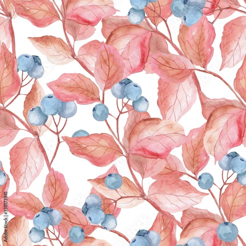 watercolor illustration, seamless pattern in pastel colors, branch with berries, wallpaper ornament, wrapping paper © Halyna
