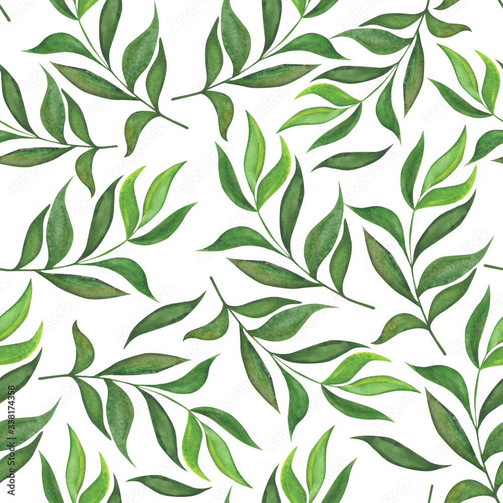 seamless pattern, watercolor illustration, image of green leaves, ornament for fabric and wallpaper, wrapping paper