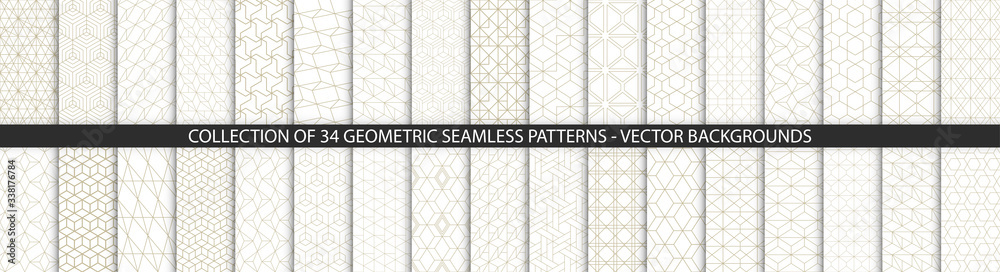 Collection of geometric seamless patterns. Abstract geometric hexagonal textures. Seamless vector monochrome backgrounds. - obrazy, fototapety, plakaty 