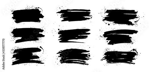 Set of thick brush strokes. Dirty artistic elements, boxes, frames for text and design. Ink splashes stencil vector set. High quality manually traced. Vector collection brush strokes with drops