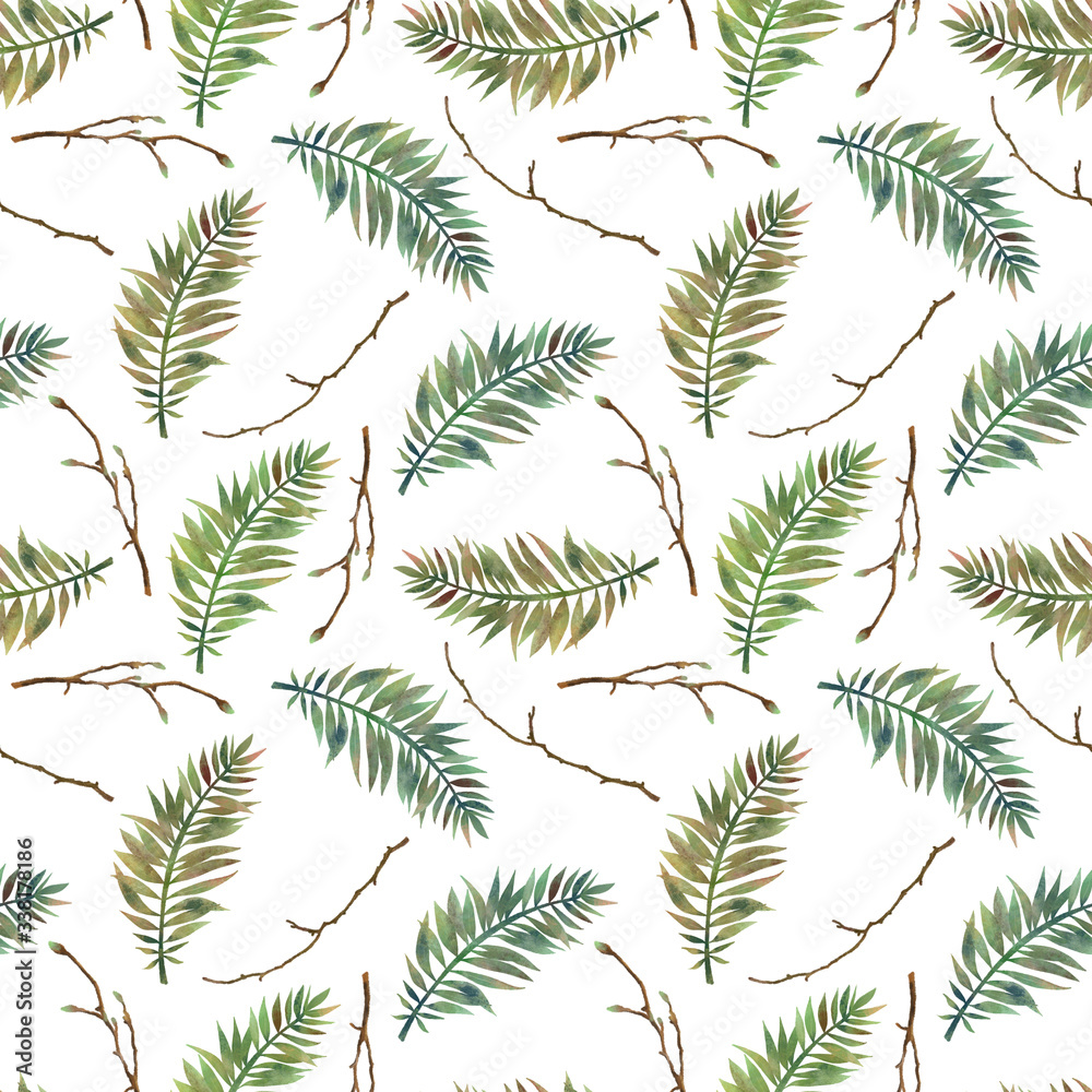 Seamless pattern with hand drawn green fern leaves and tree branches on white background, tropical forest plants print