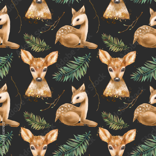 Seamless pattern with watercolor deers, baby deers and fern leaves, hand pain...