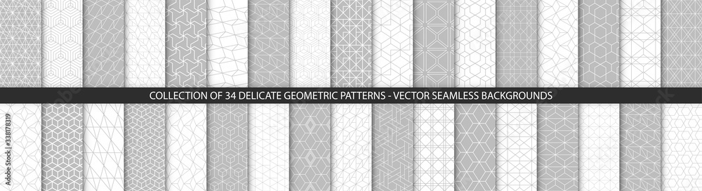 Collection of geometric seamless patterns. Abstract geometric hexagonal textures. Seamless vector monochrome backgrounds. - obrazy, fototapety, plakaty 