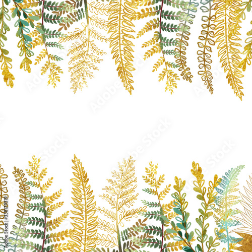 Golden floral border, card template with hand drawn golden fern leaves on whi...