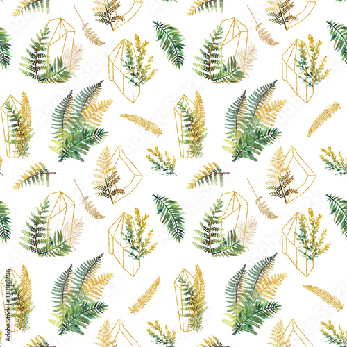 Seamless pattern with hand drawn green and golden fern leaves and crystals sh...