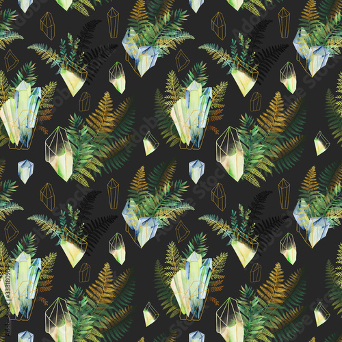Seamless pattern with hand drawn green and golden fern leaves and watercolor ...