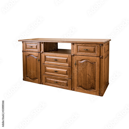 Luxury oak chest of drawers, angle view. Stylish interior element and practical thing in everyday life. Object isolated on a white background with clipping path