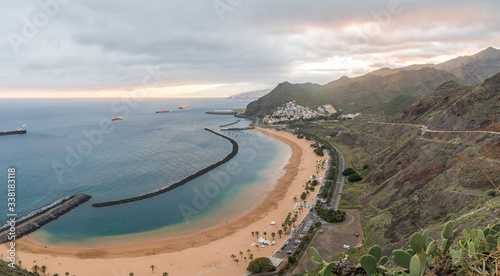 Panoramic view of the beach and the mountains in Tenerife