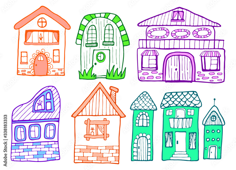 Hand drawn doodles cartoon house set with cute windows. Colorful cottage vector illustration. Farmhouse sketch.
