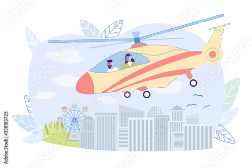 Sightseeing Helicopter Tour Over City, Cartoon.