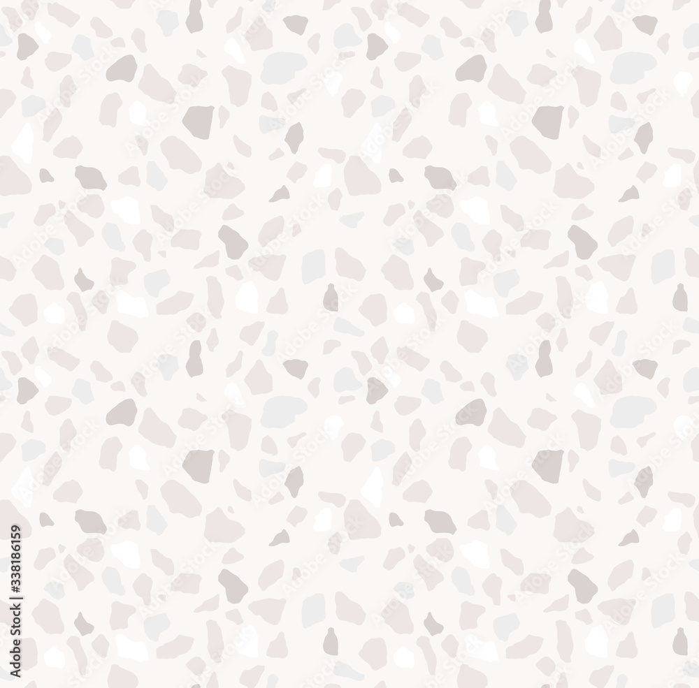 Light gray terrazzo seamless pattern. Modern monochrome tile texture. Vector abstract background.