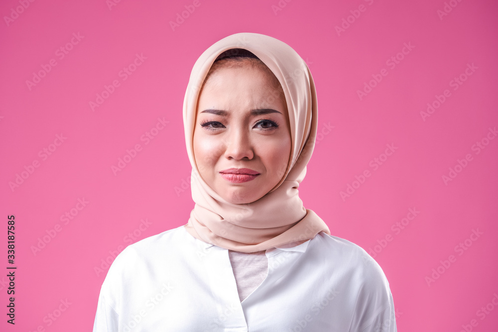 Isolated Pink background of Beauty asian women wearing scarf with variety reaction face Isolated Pink background of Beauty asian women wearing scarf with variety reaction face